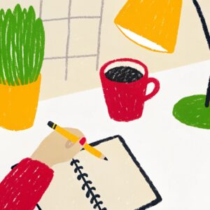 immagine rappresentativa dei laboratori pomeridiani: una mano che impugna una matitae si accinge a scrivere su un quaderno