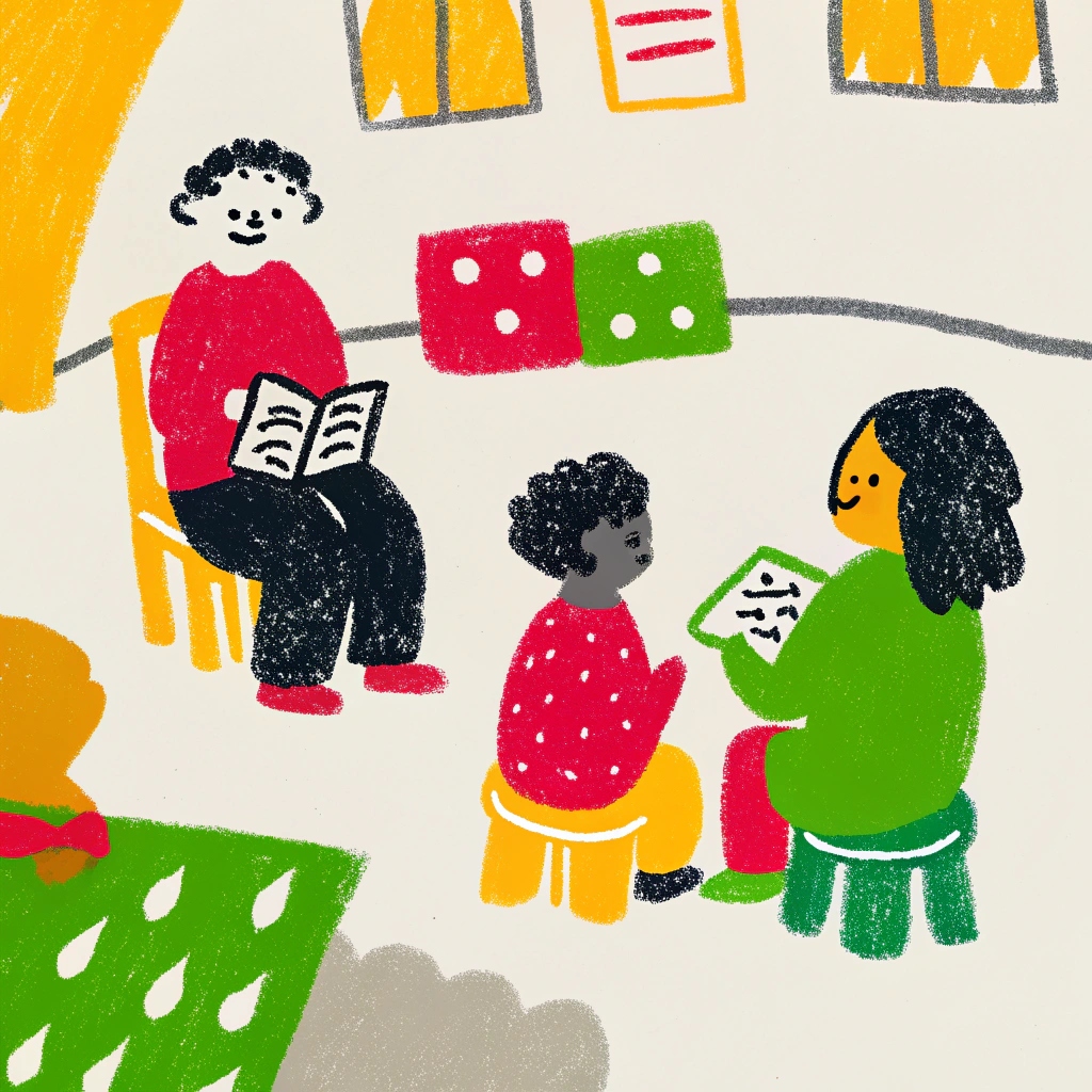 Imamgine rappresentatitva dei servizi educativi dei minori con famiglie: mostra due adulti che leggono un libro ad un bambino