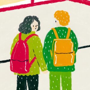 Immagine rappresentativa dei progetti di supporto alle transizioni scolastiche: mostra due ragazzi con lo zaino in spalla che si tengono per mano